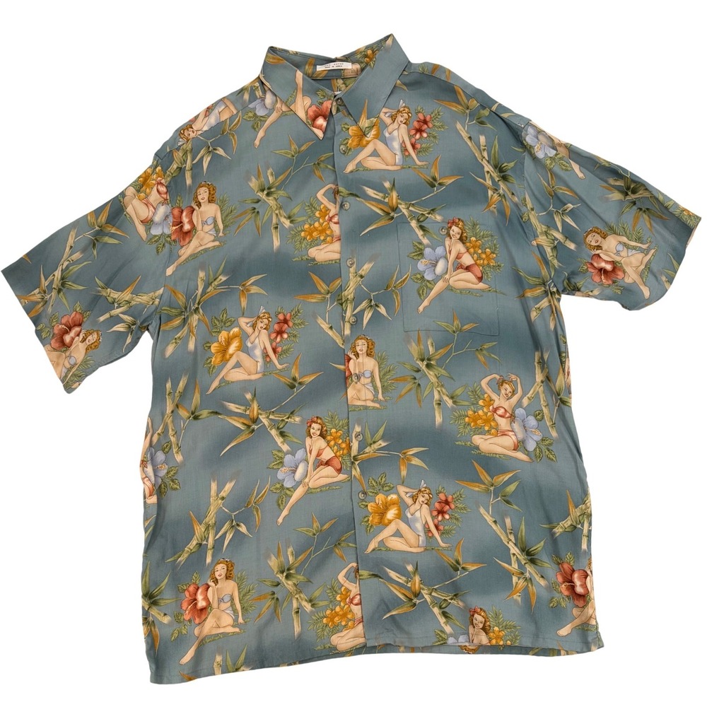 Pierre Cardin Pin Up Girl Aloha Shirt XLT Blue Rayon Hawaiian Retro Vintage